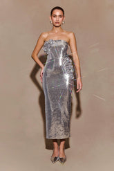 Cassia Strapless Sequin Rose Midi Dress - Silver