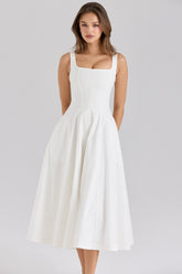 Mariabella-White Stretch Cotton Midi Sundress