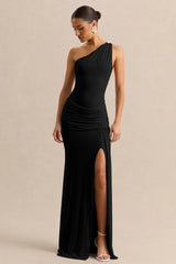 Black Asymmetric-Neck Maxi Dress With Gold-Detail And Front-High Split