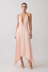 Cyra Plunge Satin Midi Dress - Peach