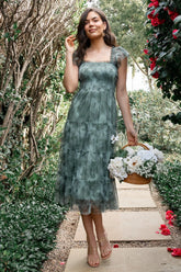 Clementine Tulle Midi Dress | Dusty Green Print