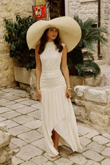 Cream High-Neck Maxi Dress Gathered-Detailing