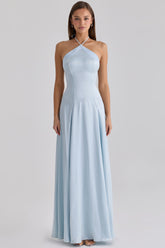 blue satin halter neck godet maxi dress