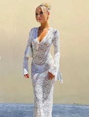 Elegant Lace See Through V-neck Maxi Sexy Dress,White Prom Dress Y4608