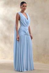 Amelisse | Powder Blue Plunge-Neck Maxi Dress With Ruched-Detailing