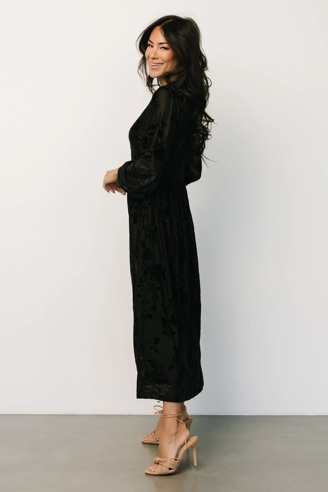 Christine Velvet Embossed Midi Dress | Black