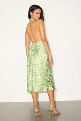 Beyond Classy Green Abstract Print Satin Halter Midi Dress