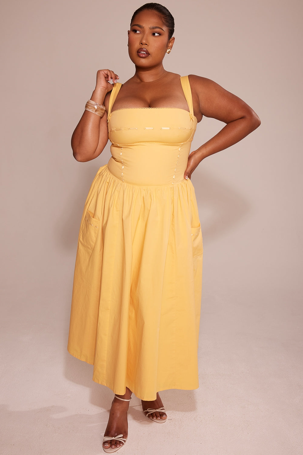 Vivien-Apricot Cotton Midi Sundress