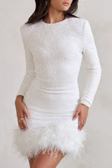Claudia | White Sequin High Neck Feather Hem Mini Dress With Long Sleeves